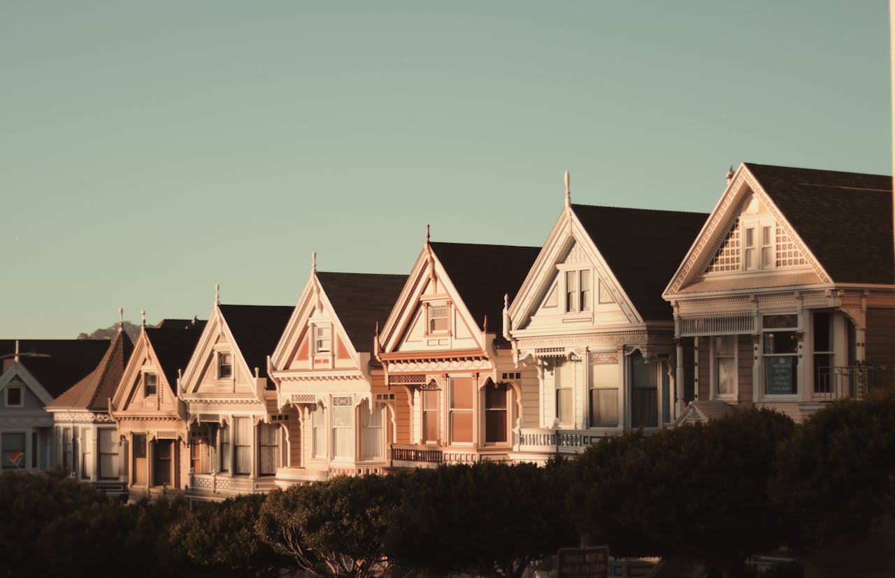 digital Sunlit Victorian houses known as the Painted Ladies in San Francisco, California.